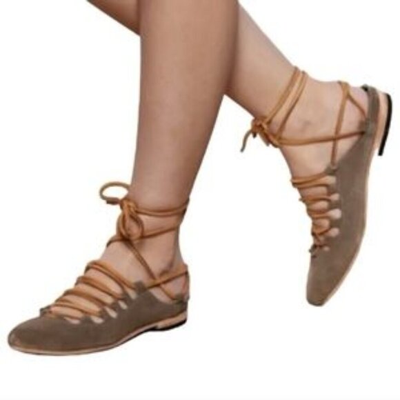 Freebird Enya Lace Up Flat Women 9 Beige Leather Boho Ankle Tie Pointed Toe Shoe - Picture 2 of 15